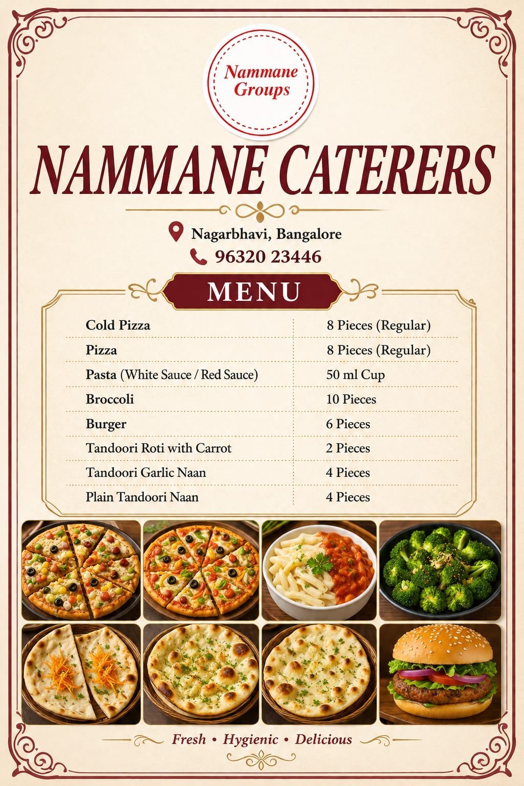 Nammane Caterers special menu card with cold pizza, pizza, pasta and tandoori items